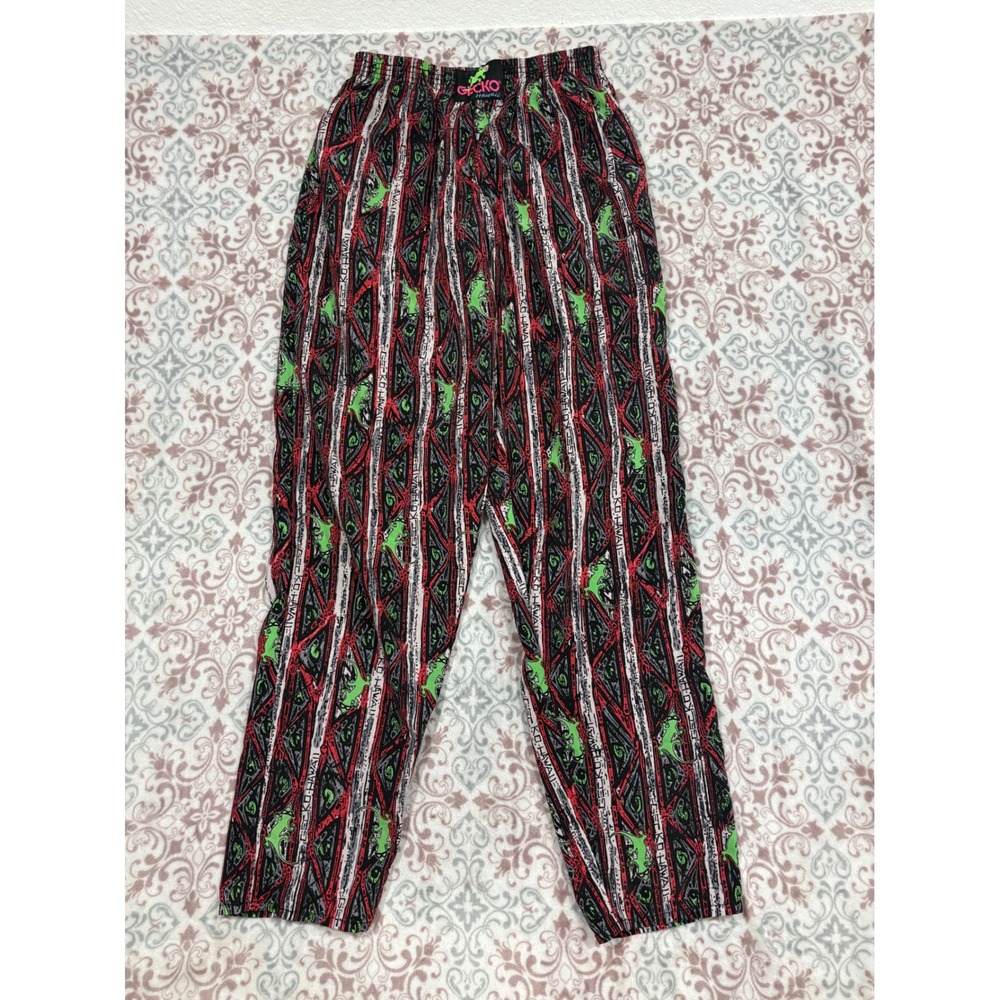 Vintage Gecko Hawaii Nylon Beach Pants Mens Medium Neon Gecko Print 90s Surf